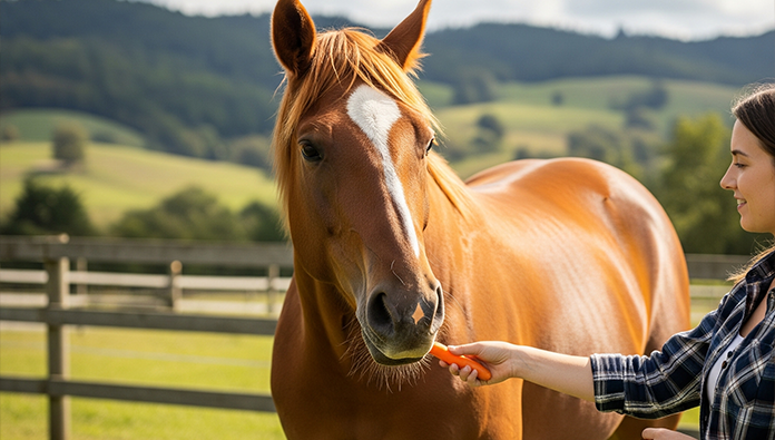 Farrier using hoof nippers to trim a horse’s hoof as part of a tool kit