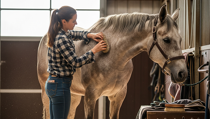 Farrier student wearing a protective apron while trimming a horse hoof