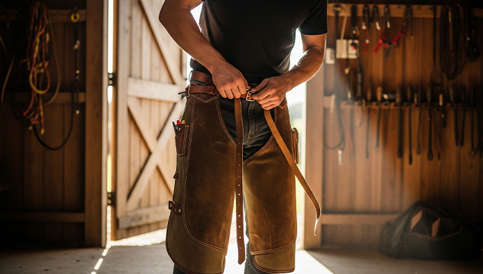 Farrier apron with labeled parts including chaps, yoke, and protective sections