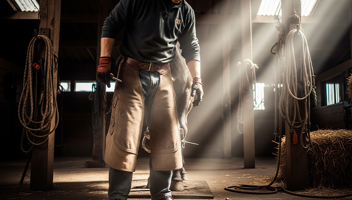 Farrier wearing a protective apron while trimming a horse’s hoof