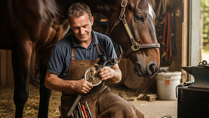 Farrier wearing a protective apron while trimming a horse’s hoof safely