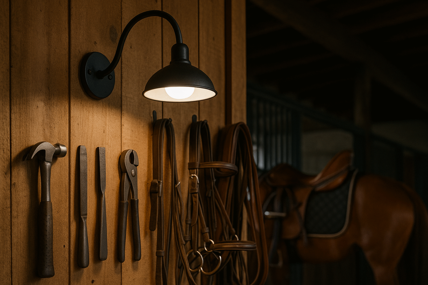LED barn lights illuminating a tack room with equestrian tools