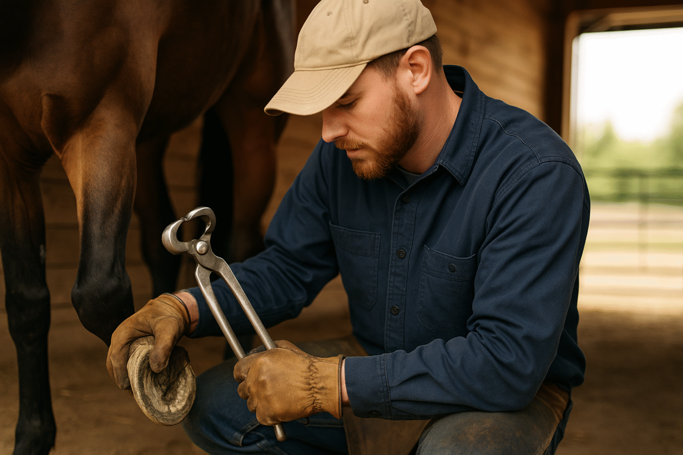 Beginner farrier practicing with hoof nippers on a training hoof