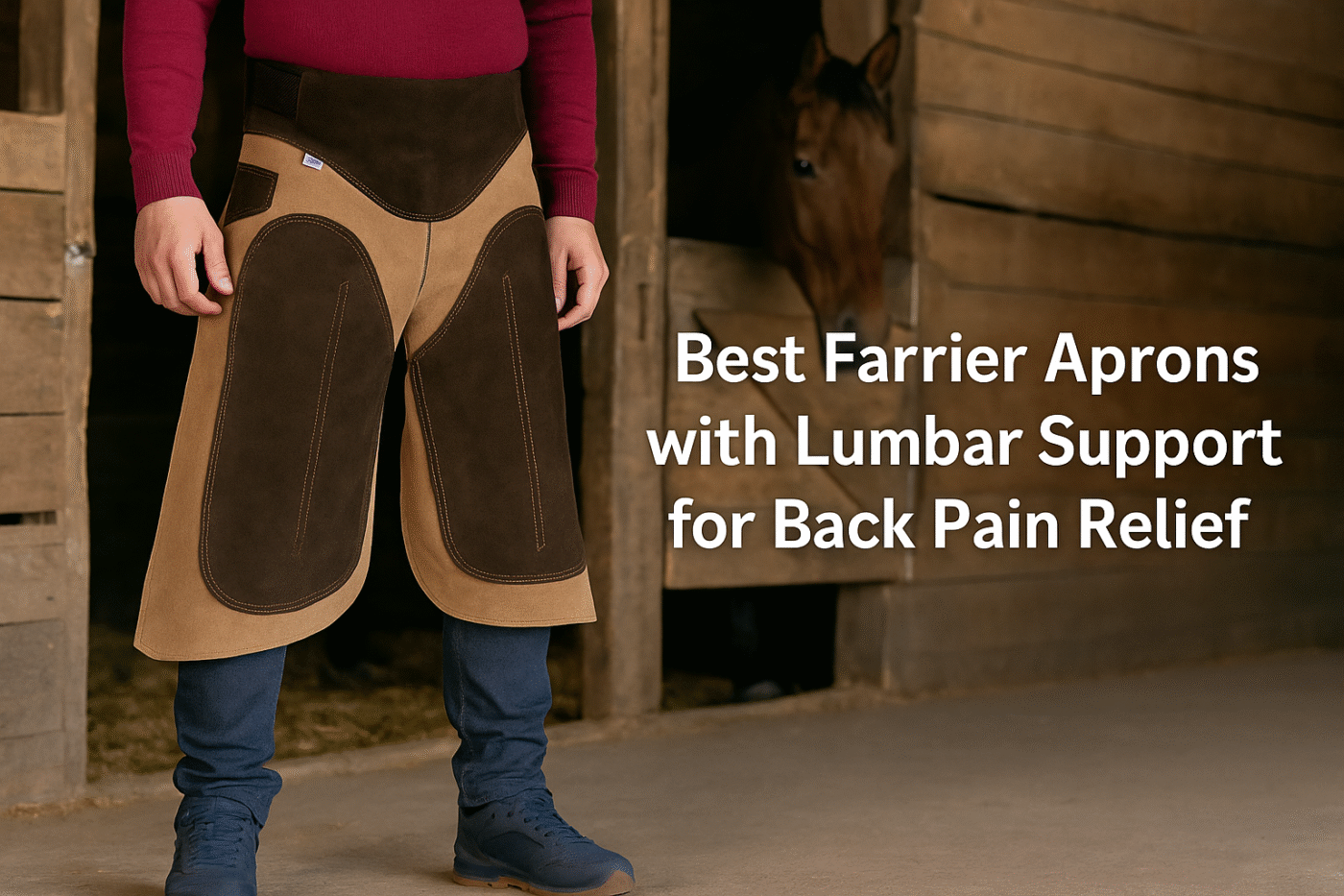 Farrier wearing a lumbar-support apron while trimming a horse hoof