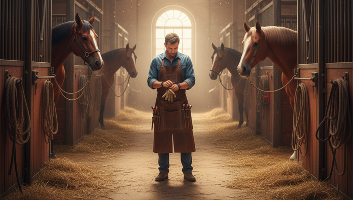 Beginner farrier adjusting apron before hoof trimming