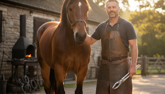 Farrier wearing leather apron that meets PPE standards