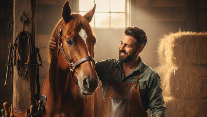 Farrier trimming an overgrown horse hoof with nippers and hoof knife