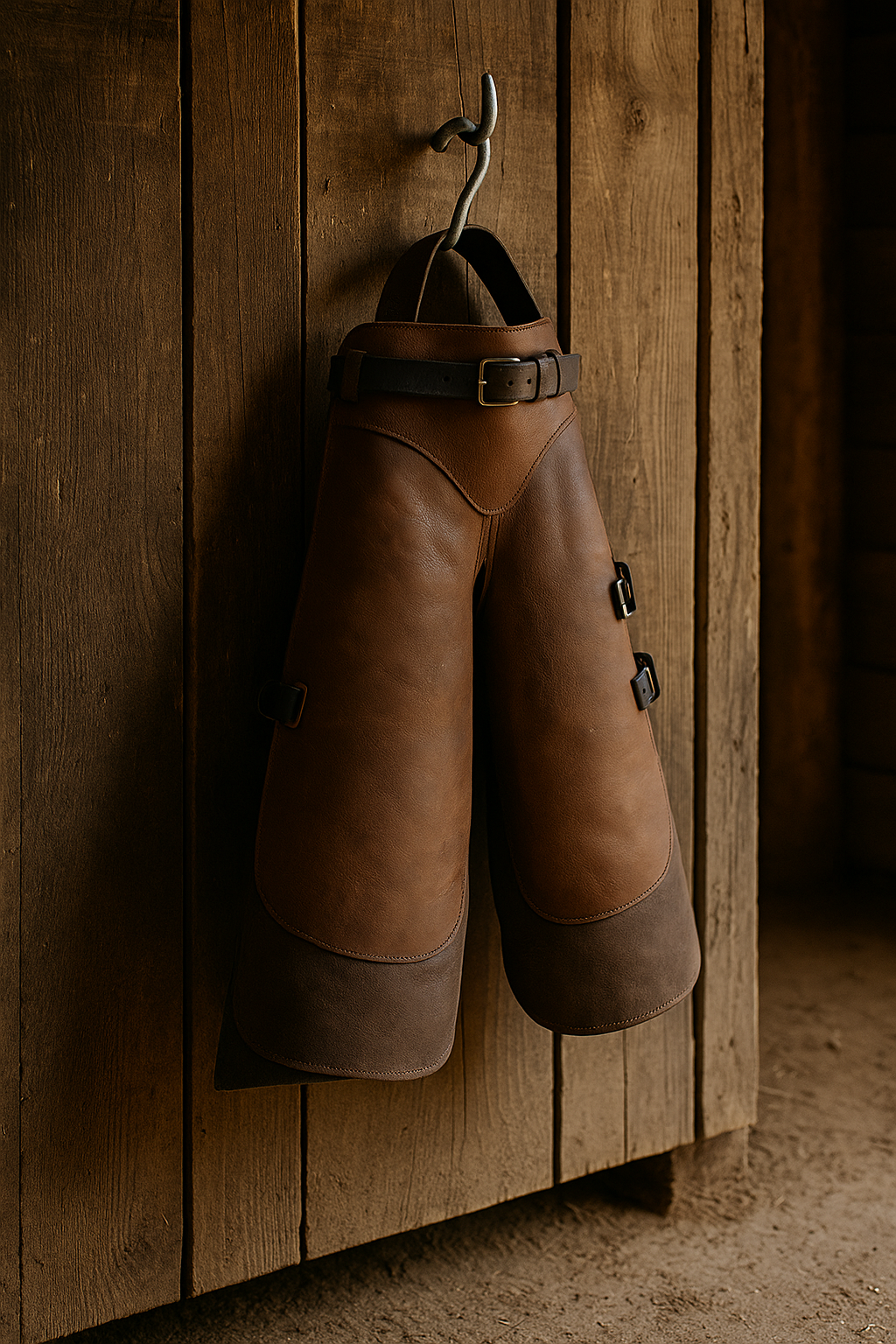 Farrier apron hanging properly in a cool, dry tack room