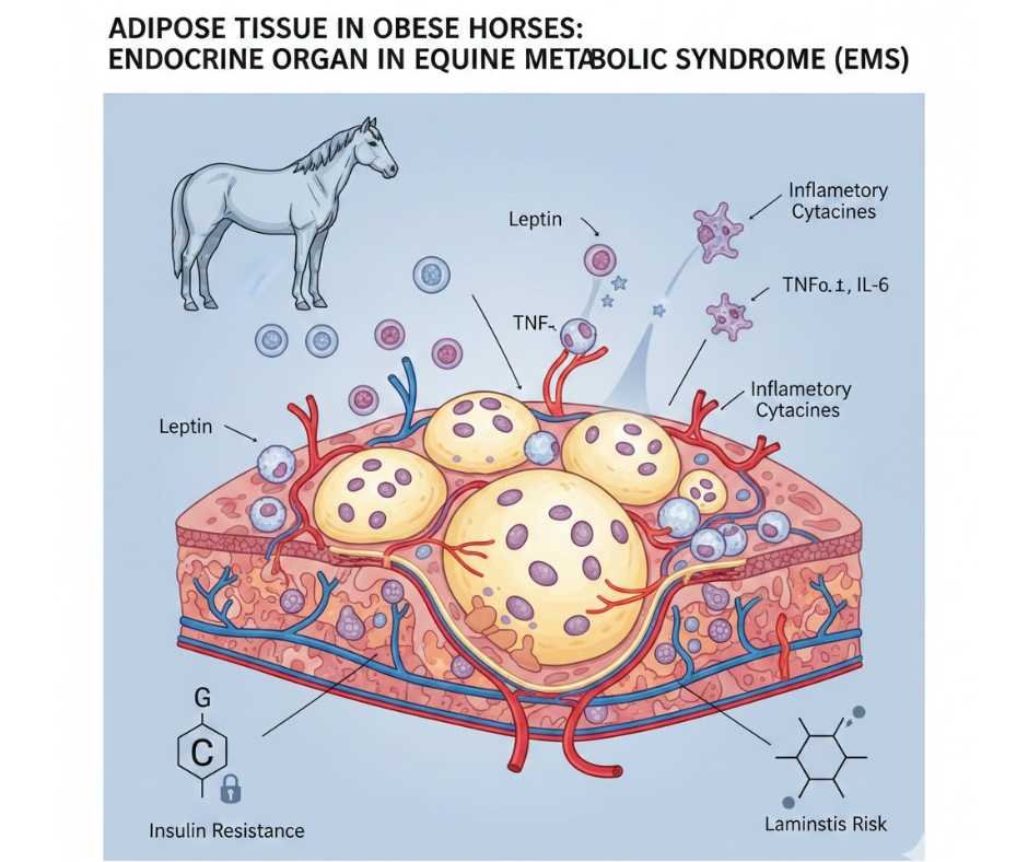 Diagram showing adipose tissue acting as an endocrine organ in obese horses
