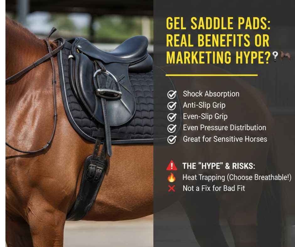 Gel saddle pad under an English saddle showing cushioning layer