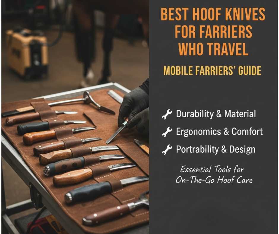 Compact hoof knives arranged in a mobile farrier tool bag