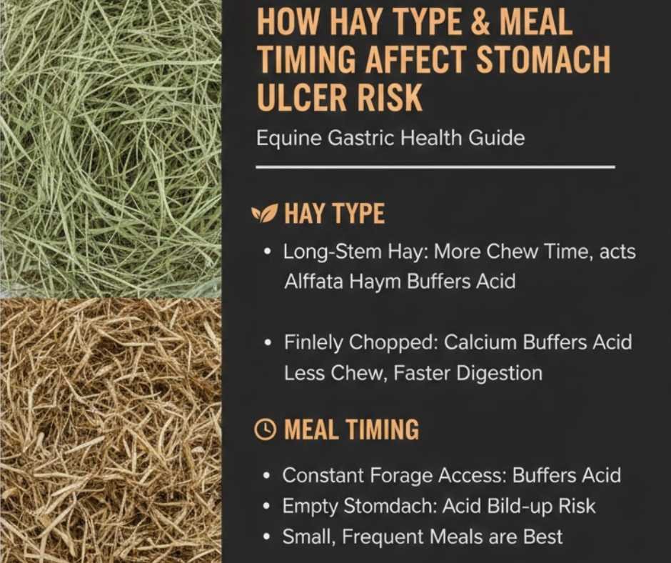 Horse eating hay from a slow feeder net in a stable