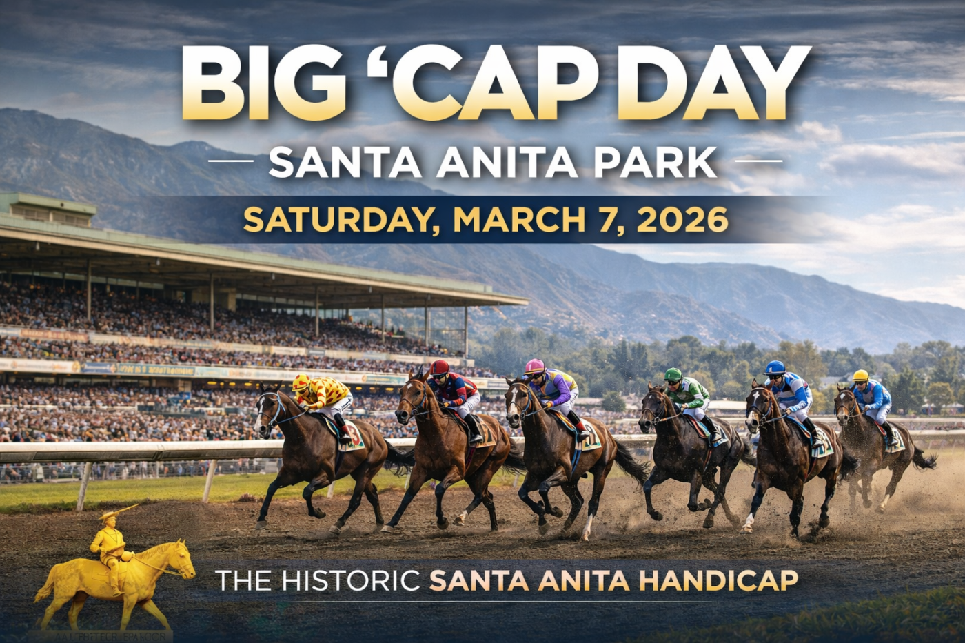 Horse racing action at Santa Anita Park during Big ’Cap Day 2026 stakes races