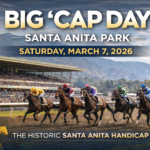Horse racing action at Santa Anita Park during Big ’Cap Day 2026 stakes races