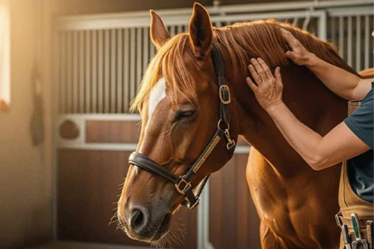 Farrier comparing budget vs premium hoof knives while trimming horse hoof