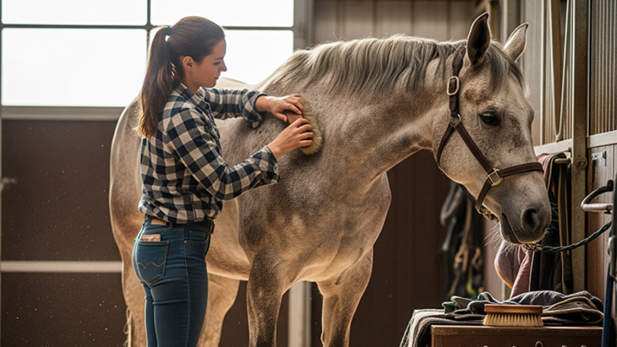 Farrier wearing a protective apron while trimming horse hooves safely