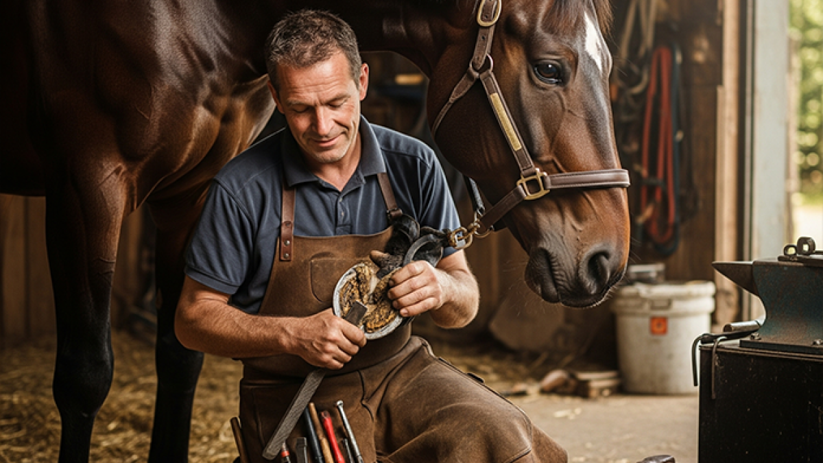 Farrier wearing a protective apron while trimming a horse’s hoof safely
