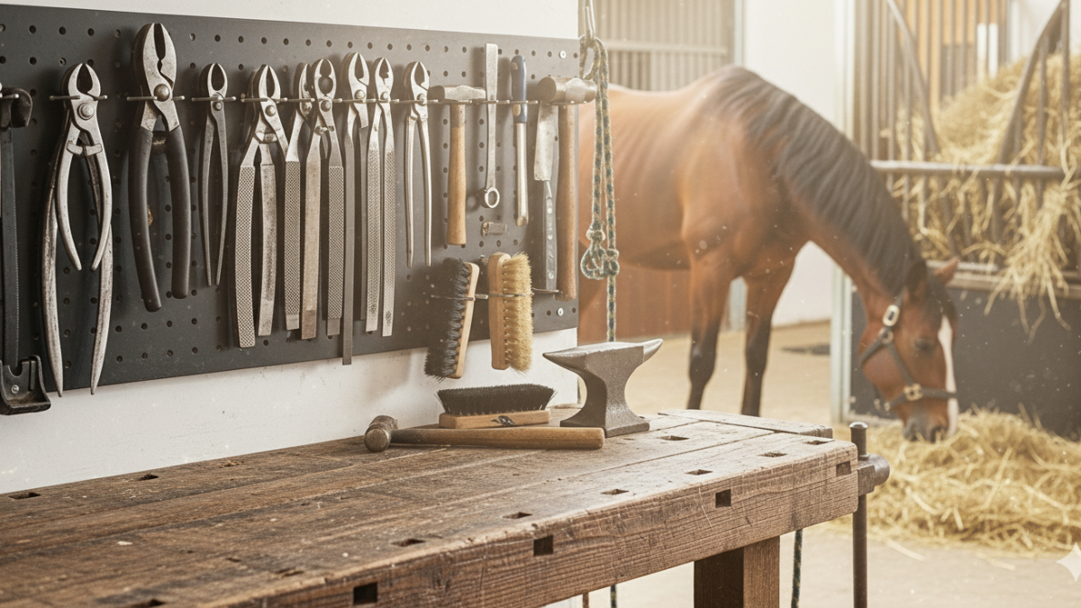 Farrier wearing a heat-resistant apron during hot shoeing process