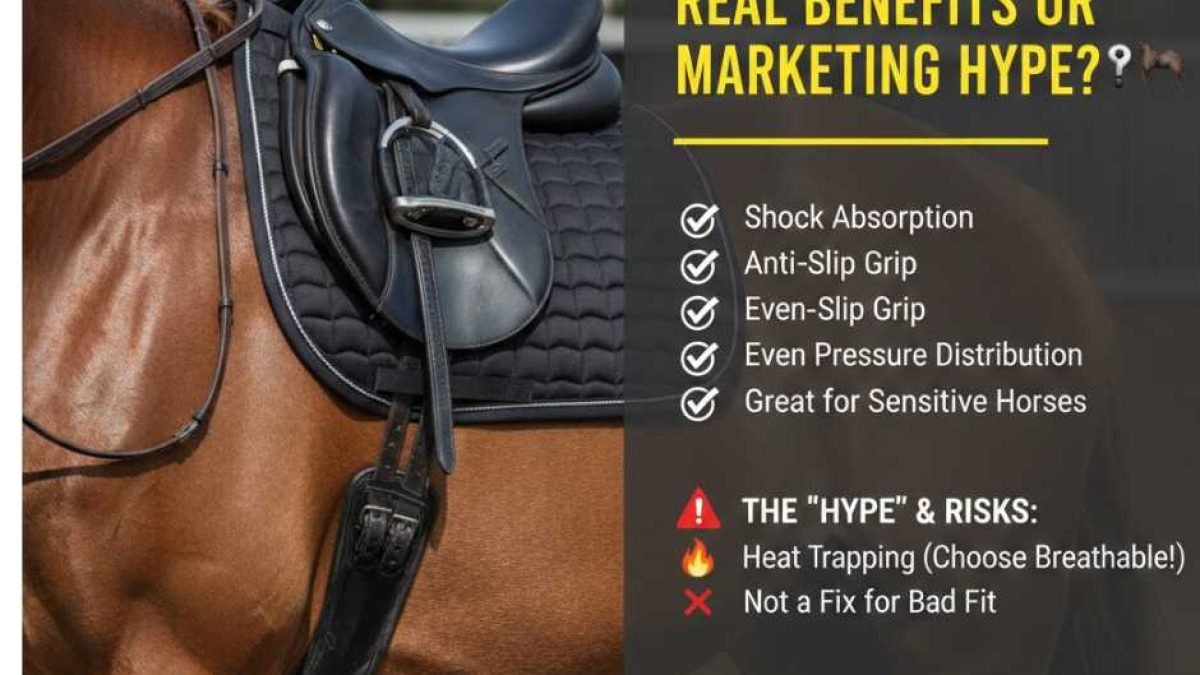 Gel saddle pad under an English saddle showing cushioning layer