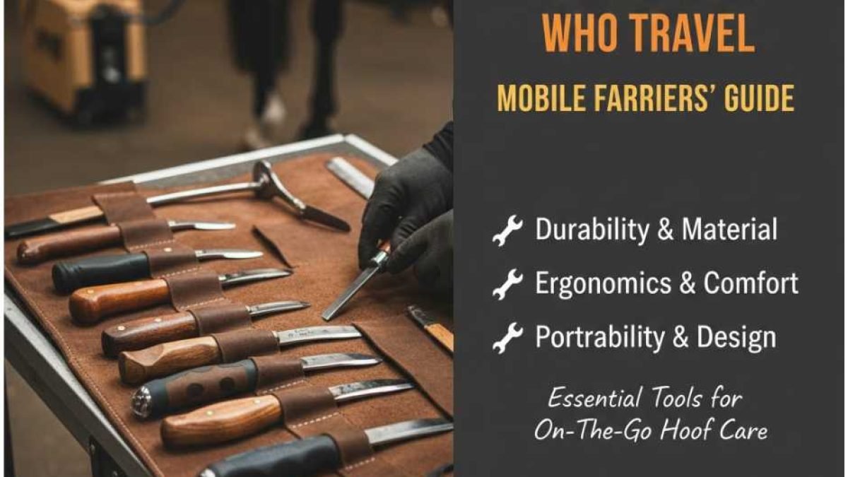 Compact hoof knives arranged in a mobile farrier tool bag