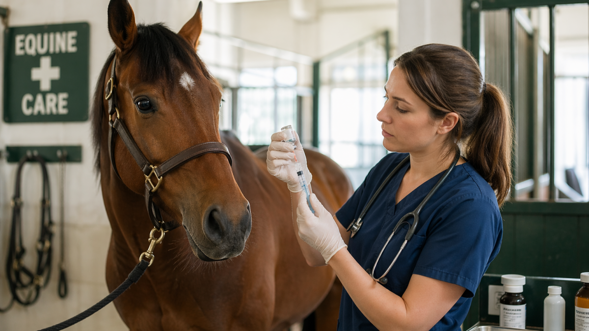 Equine sedation by veterinarian calming a horse in a clean stable
